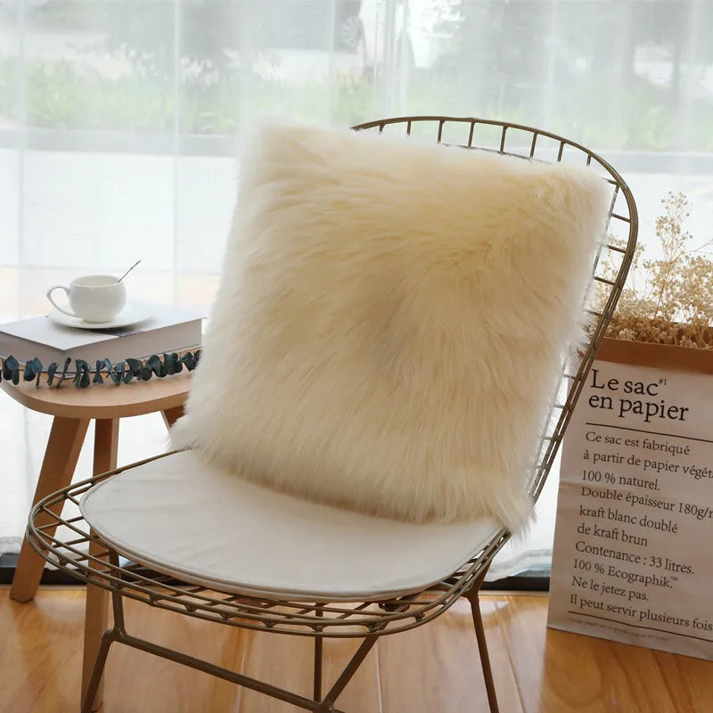 Cushion Cover Modern Simple Soft Fluffy Pure White Plush Pillow Home Cushion Artificial Imitation Wool Pillow Cover